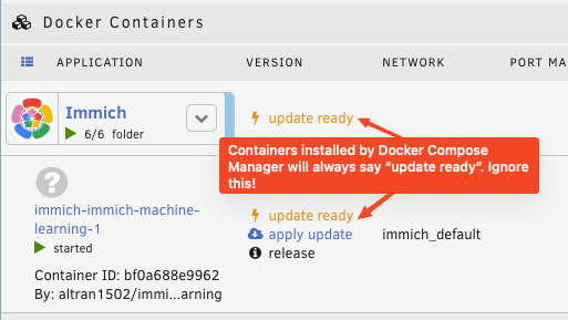 Docker Compose containers always say update ready, ignore it